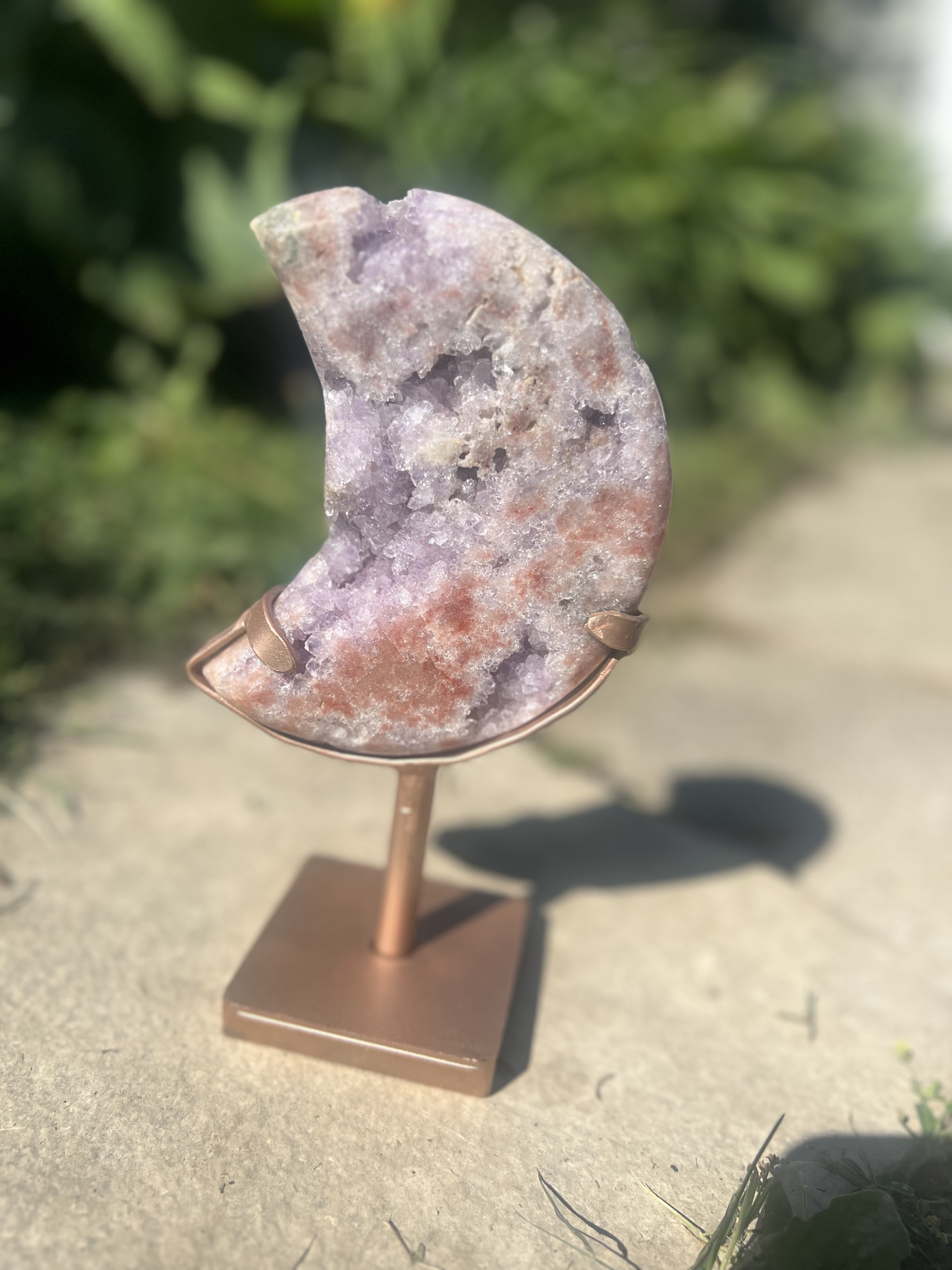 Natural Pink Amethyst Moon on Custom Rotating Stand 